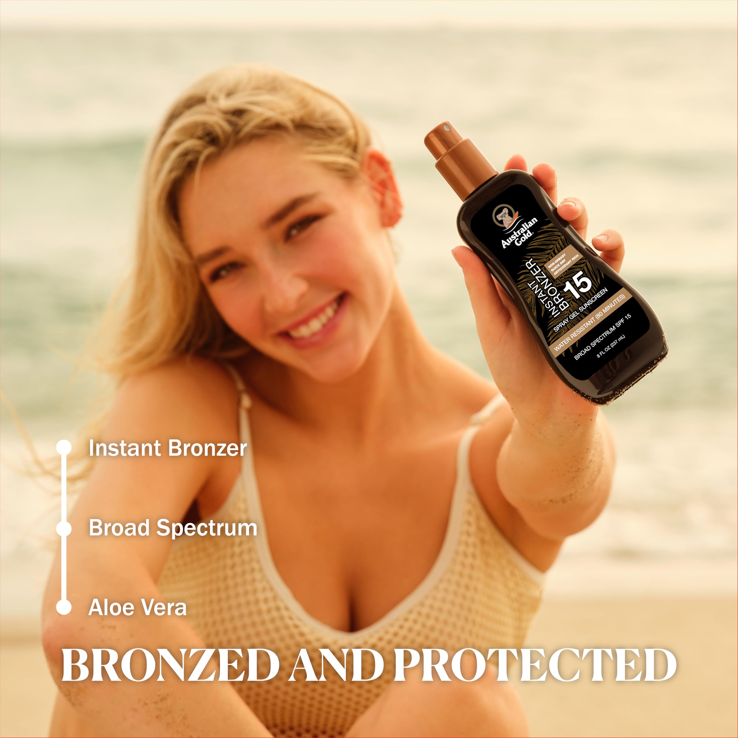 Fragancia de coco, naranja y vainilla en Australian Gold SPF 15 Spray Gel Bronzer.