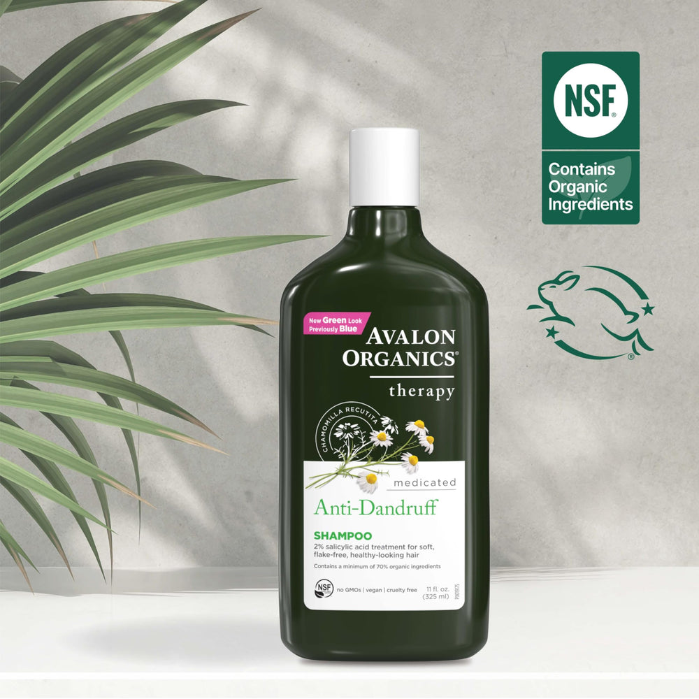 Avalon Organics Champú certificado libre de crueldad y NSF para cuidado responsable.