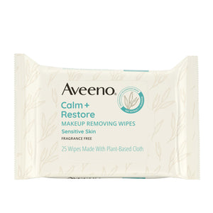 Aveeno Calm + Restore desmaquillantes sin fragancia para limpieza suave de la piel.