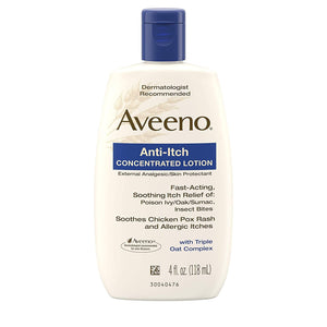 Aveeno loción anti-picor, frontal de la botella, ofrece cuidado calmante para uso diario.