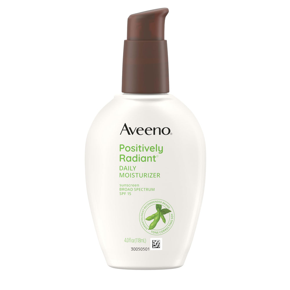 Aveeno Positivamente Radiante crema rostro con SPF 15 para tono uniforme y piel hidratada.