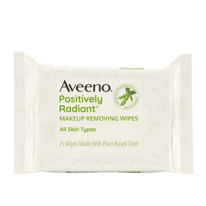 Aveeno Positivamente Radiante desmaquillante facial con empaque cierre reutilizable, ideal para uso diario.