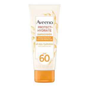 Aveeno Protect + Hydrate, tubo de 3 oz, protección SPF 60 e hidratación.