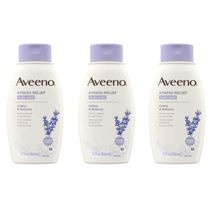 Aveeno Stress Relief Body Wash pack de 3 botellas para una limpieza suave y relajante.