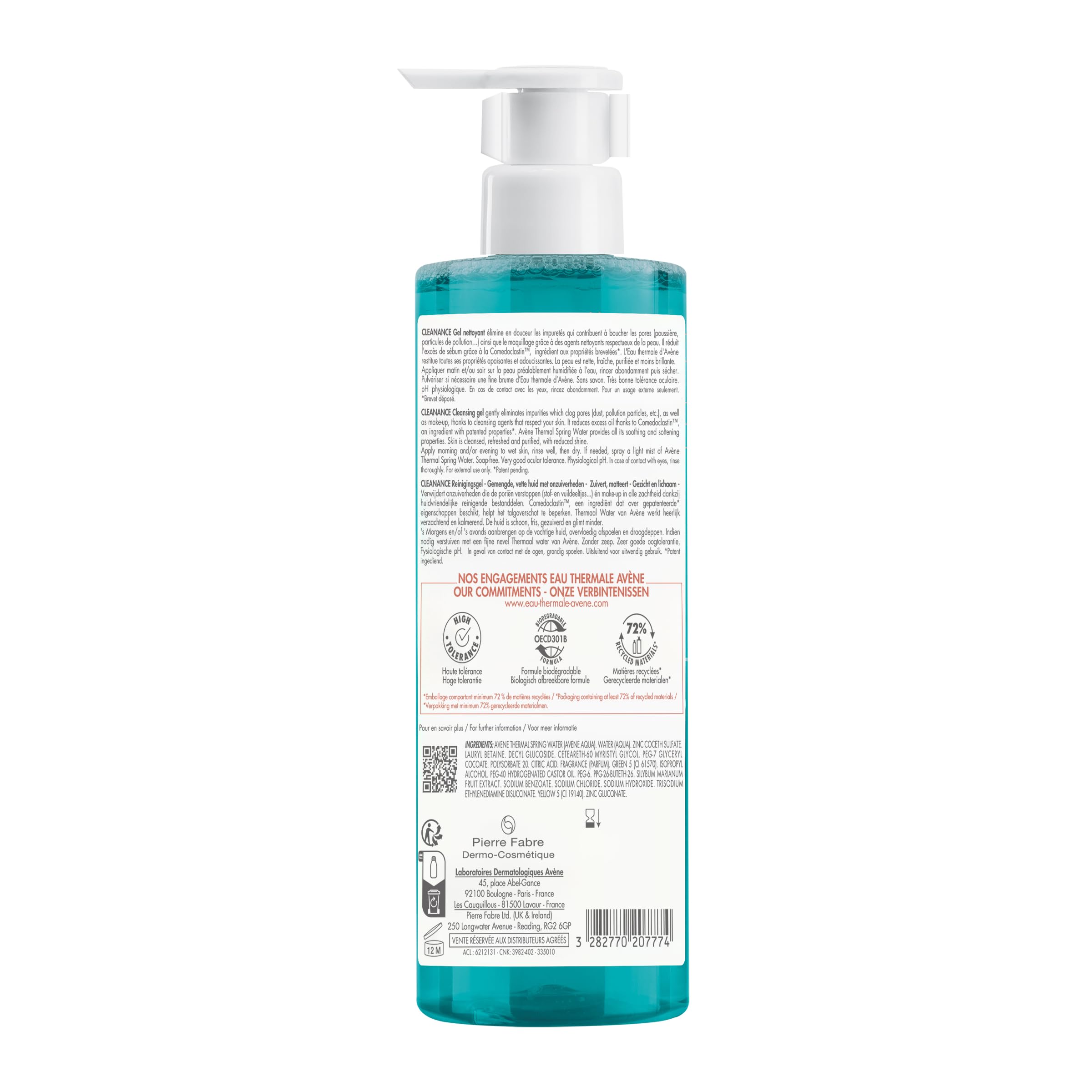 Avène Cleanance Gel, textura suave, sin jabón, apta para piel sensible.
