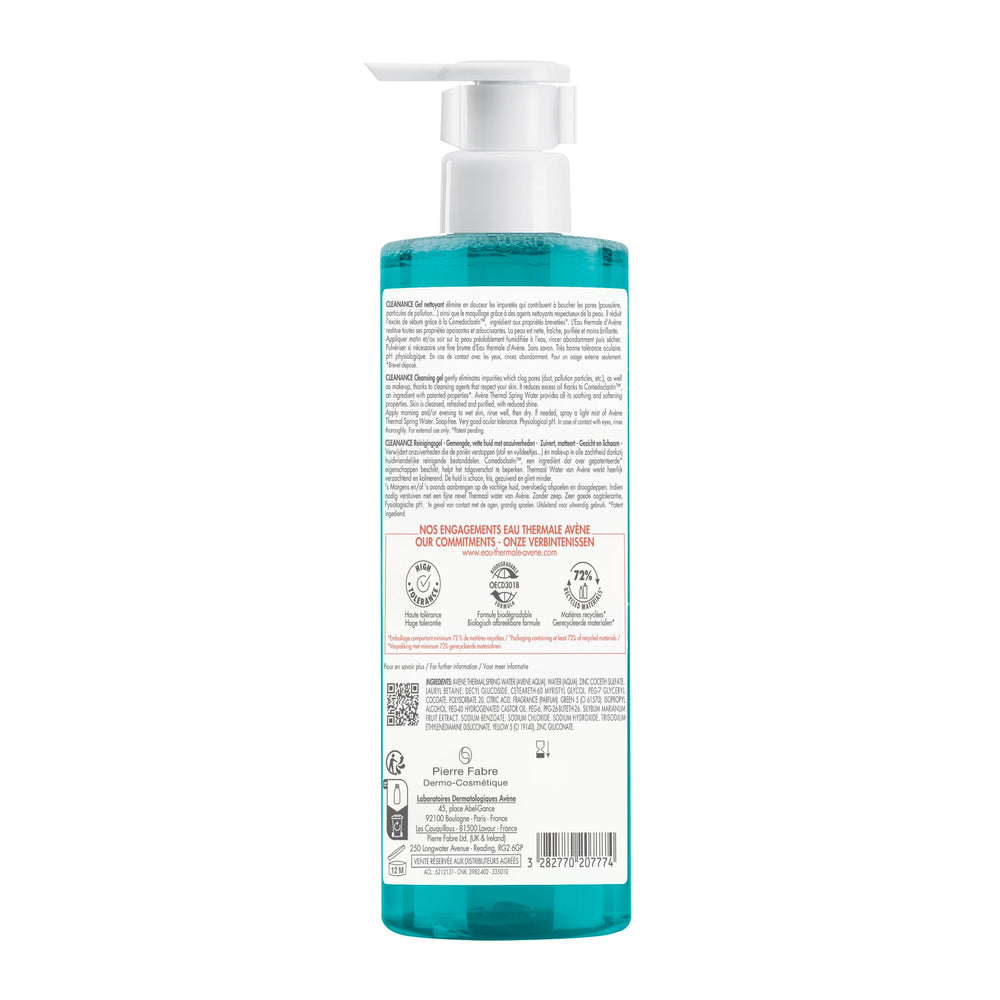 Avène Cleanance Gel, textura suave, sin jabón, apta para piel sensible.