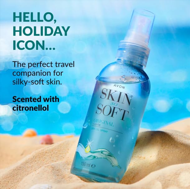 AVON Skin So Soft Original Dry Oil Spray, absorción rápida que deja piel hidratada y suave.