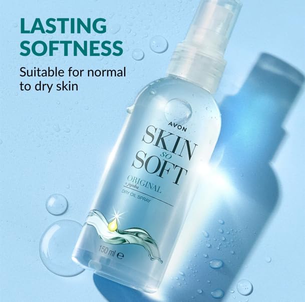 AVON Skin So Soft Original Dry Oil Spray, ideal para uso diario en cuerpo y manos.