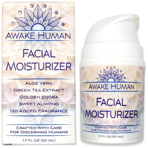 Awake Human crema facial nutritiva para piel seca, envasada para uso diario.