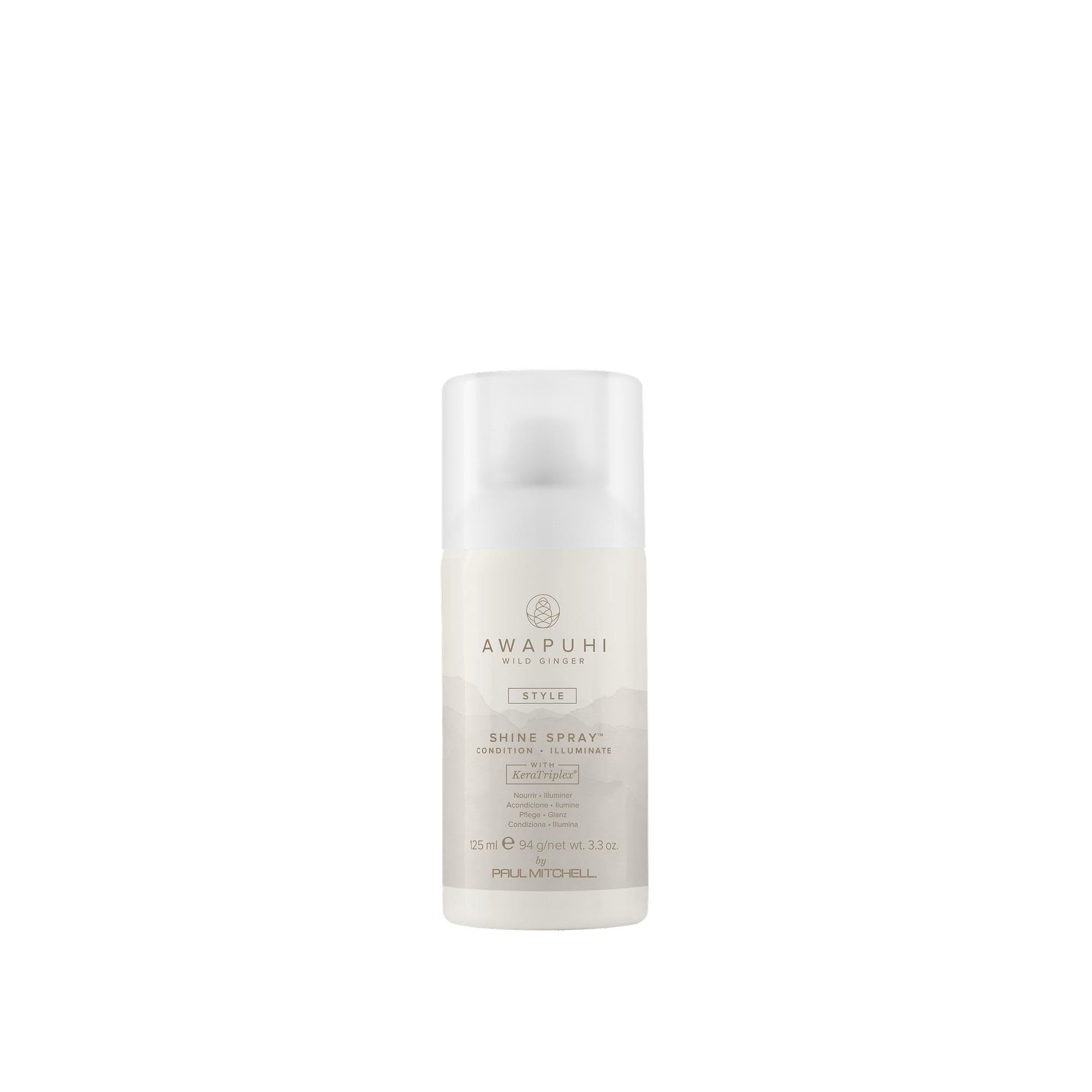 Awapuhi Wild Ginger Shine Spray en botella con brillo inmediato y acabado natural.