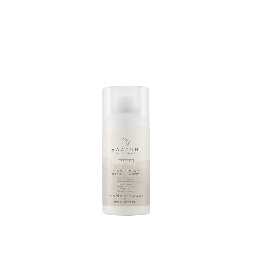 Awapuhi Wild Ginger Shine Spray en botella con brillo inmediato y acabado natural.