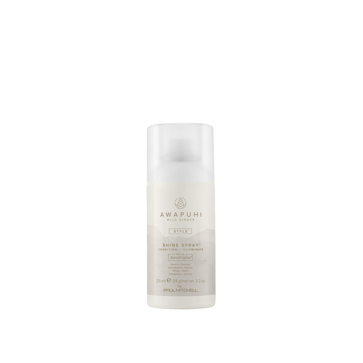 Awapuhi Wild Ginger Shine Spray en botella con brillo inmediato y acabado natural.