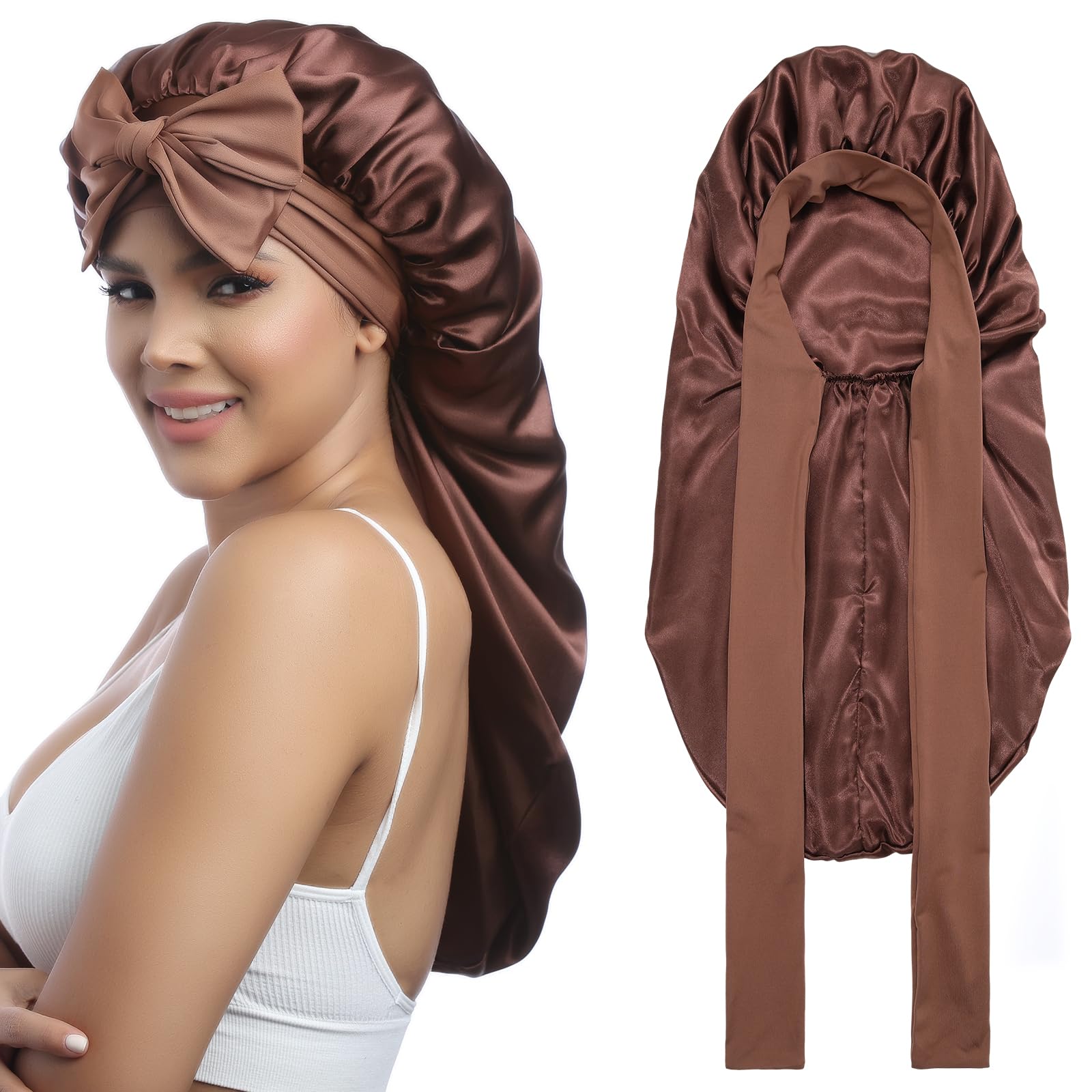 Bonete AWAYTR satín largo, doble capa con ajuste para dormir sin dañar el cabello.