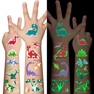 Tatuaje lumínico AWINMAY de dinosaurio, ideal para fiestas infantiles y diversión.