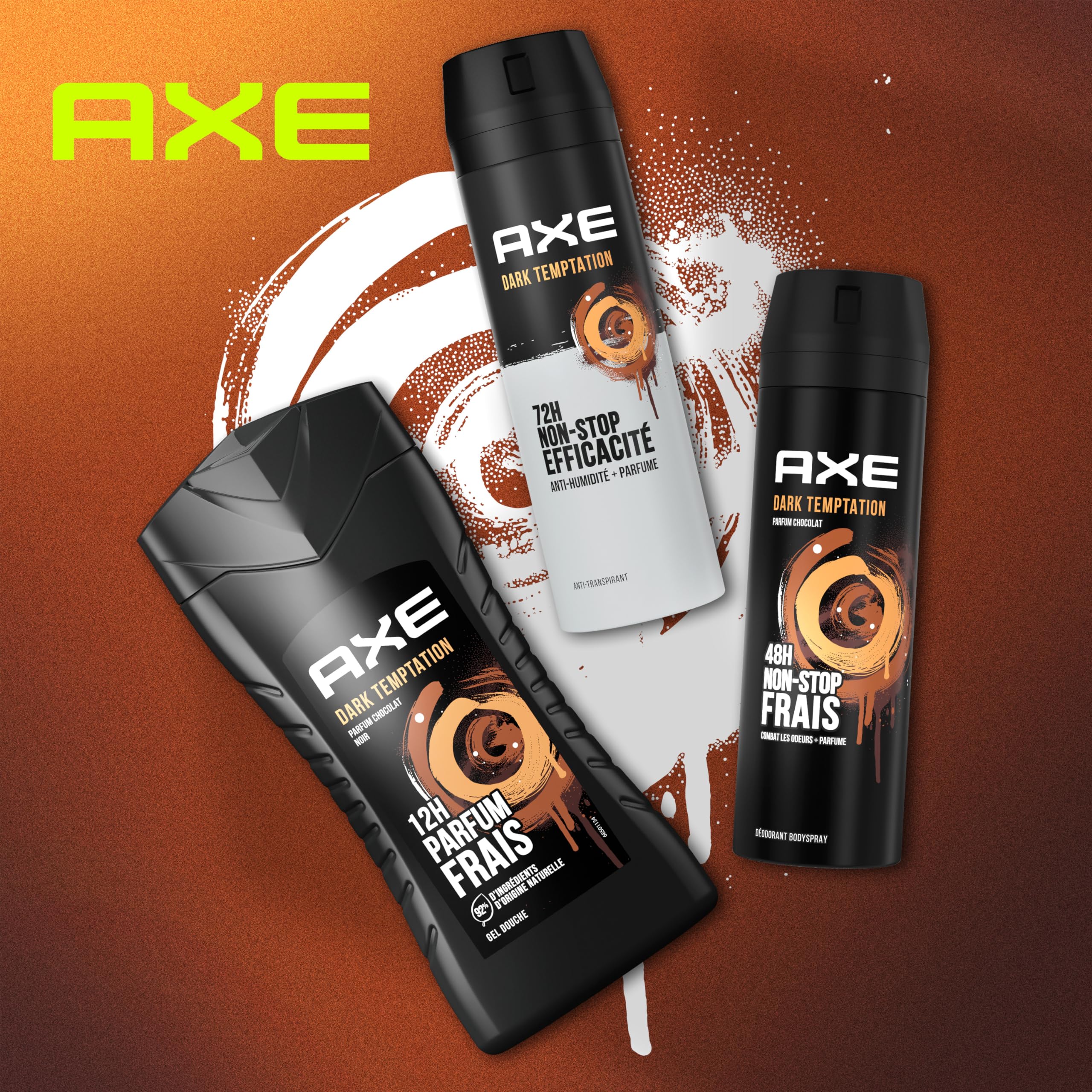 AXE Dark Temptation detalle de la botella, fácil de usar en la ducha.