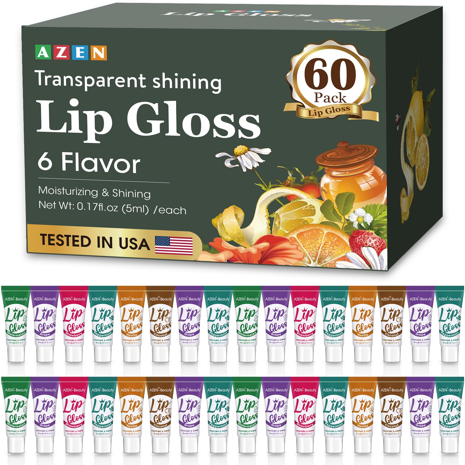 AZEN brillo labial conjunto 60-pack transparente, hidratación suave y brillo sutil para labios.
