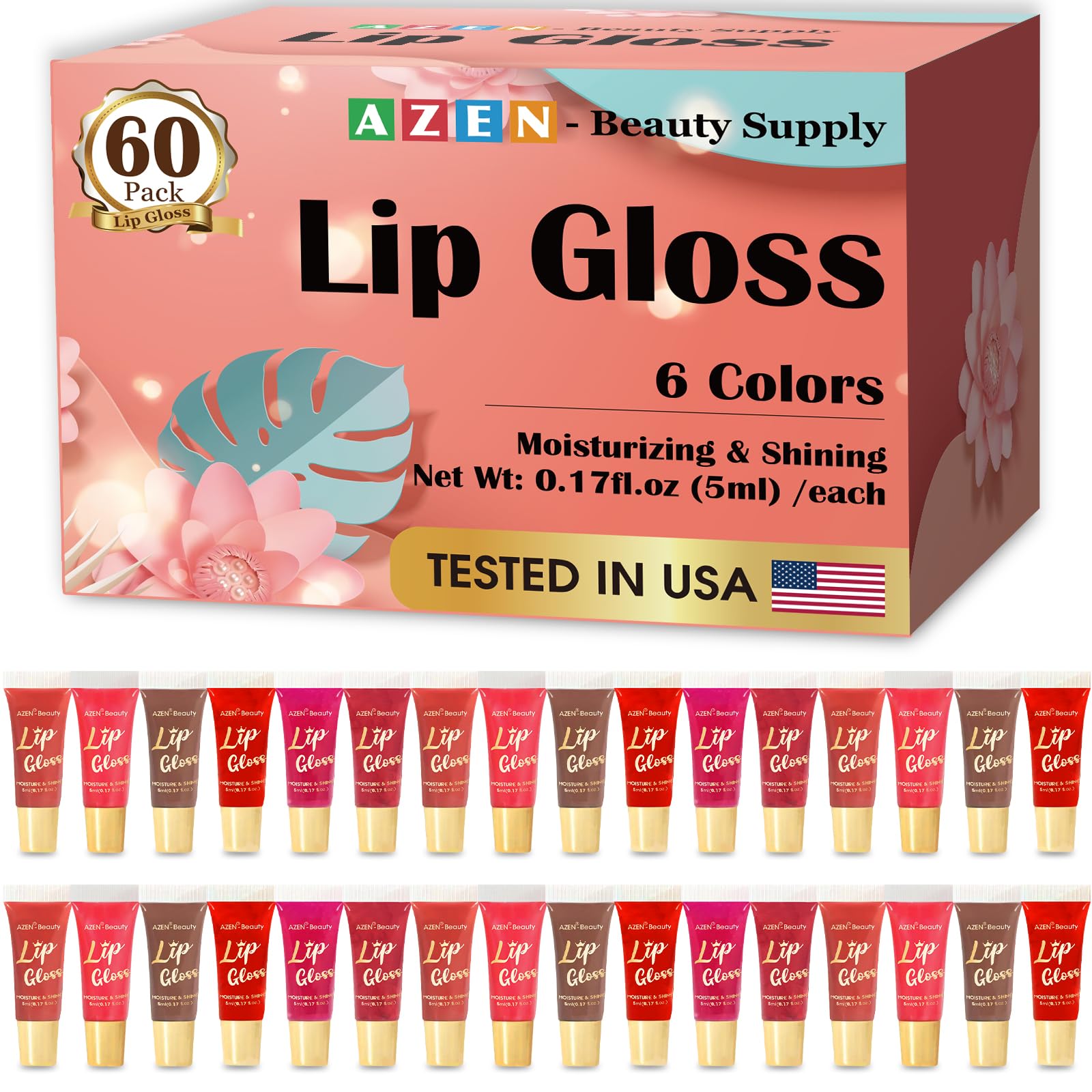 AZEN conjunto brillos labiales 60 colores, hidratación suave para labios.