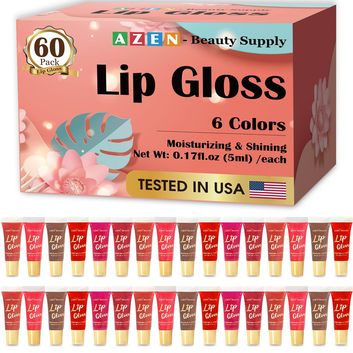 AZEN conjunto brillos labiales 60 colores, hidratación suave para labios.