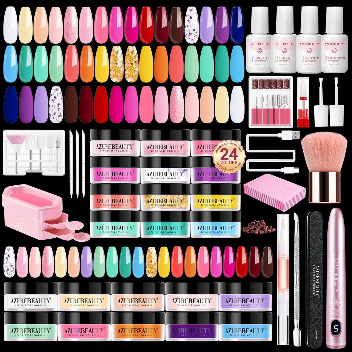 AZUREBEAUTY kit completo para uñas con polvo de inmersión y colores brillantes para un acabado profesional.
