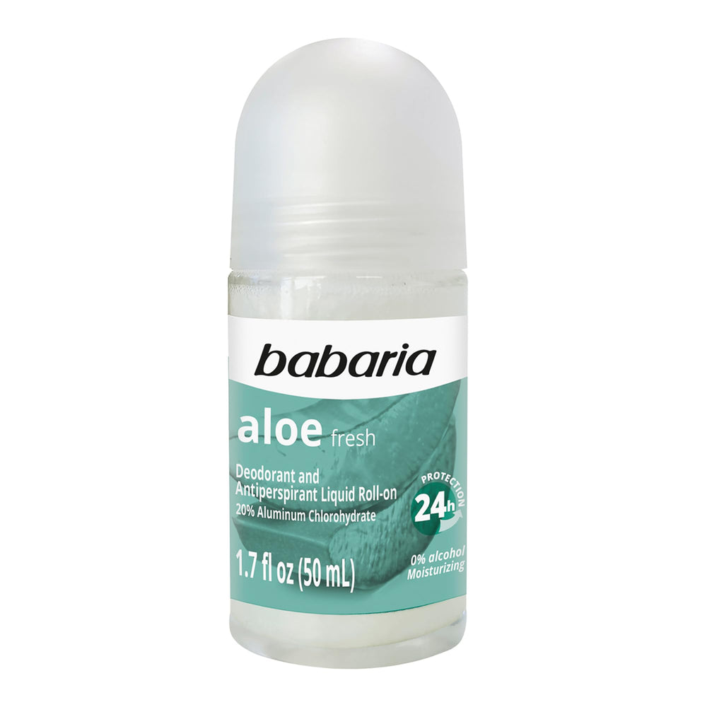 Babaria Aloe Roll-On frente: desodorante sin alcohol para protección 24 horas.