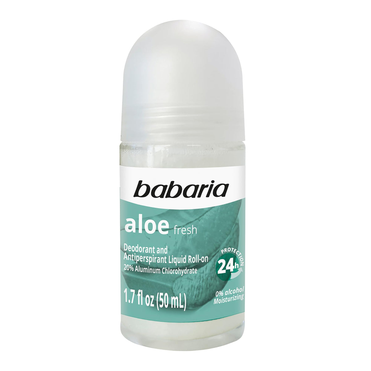 Babaria Aloe Roll-On frente: desodorante sin alcohol para protección 24 horas.