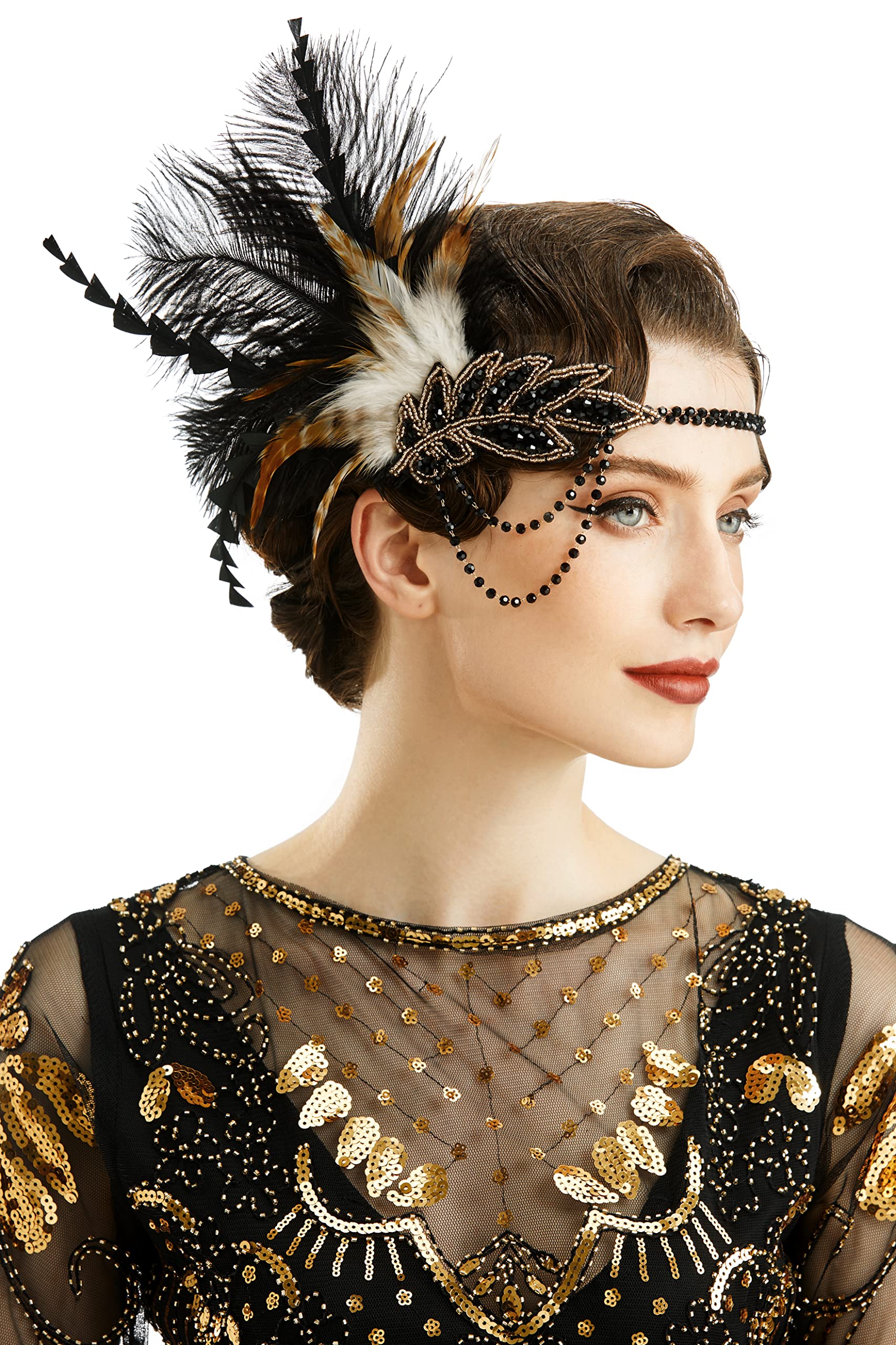 BABEYOND diadema años 20 con plumas y cuentas, ideal para fiestas temáticas