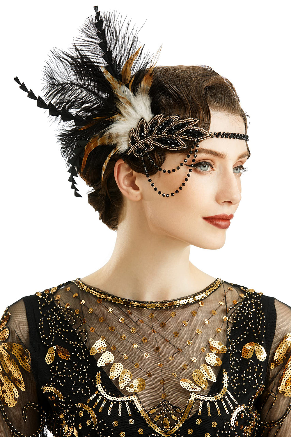 BABEYOND diadema años 20 con plumas y cuentas, ideal para fiestas temáticas