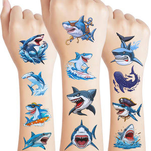 Backtopeia tatuajes tiburón, diseño oceánico, ideal para fiestas temáticas y diversión.