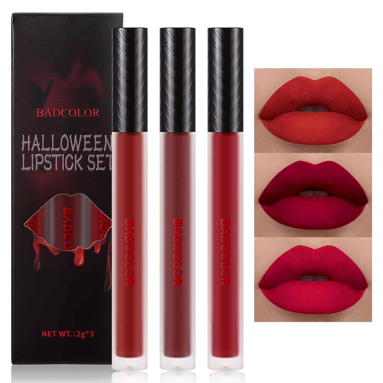 BADCOLOR set labial líquido mate tres colores rojos para looks intensos y de larga duración
