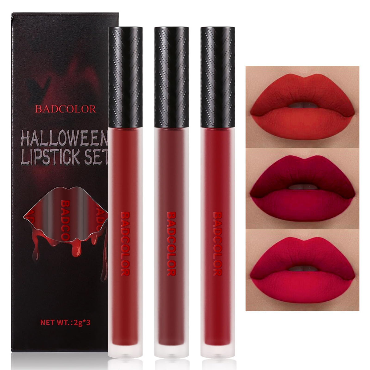 BADCOLOR set labial líquido mate tres colores rojos para looks intensos y de larga duración