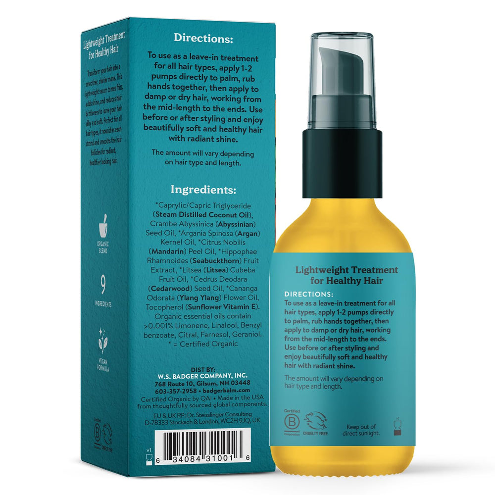 Badger Aceite de Argán para el cabello, frasco de vidrio y uso cómodo.