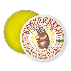 Bálsamo Badger sin perfume en lata, enfoque: aceite de oliva para piel sensible