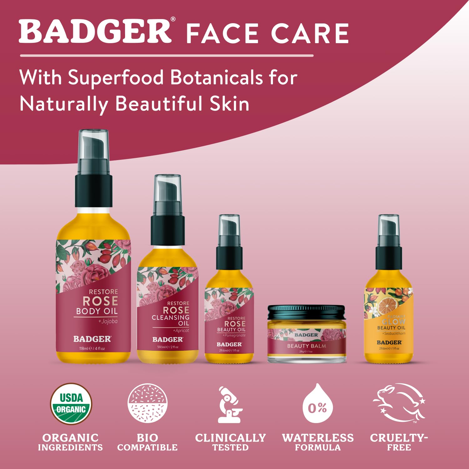 Badger Aceite corporal de rosa, aroma floral de rosa bulgaro y lavanda.