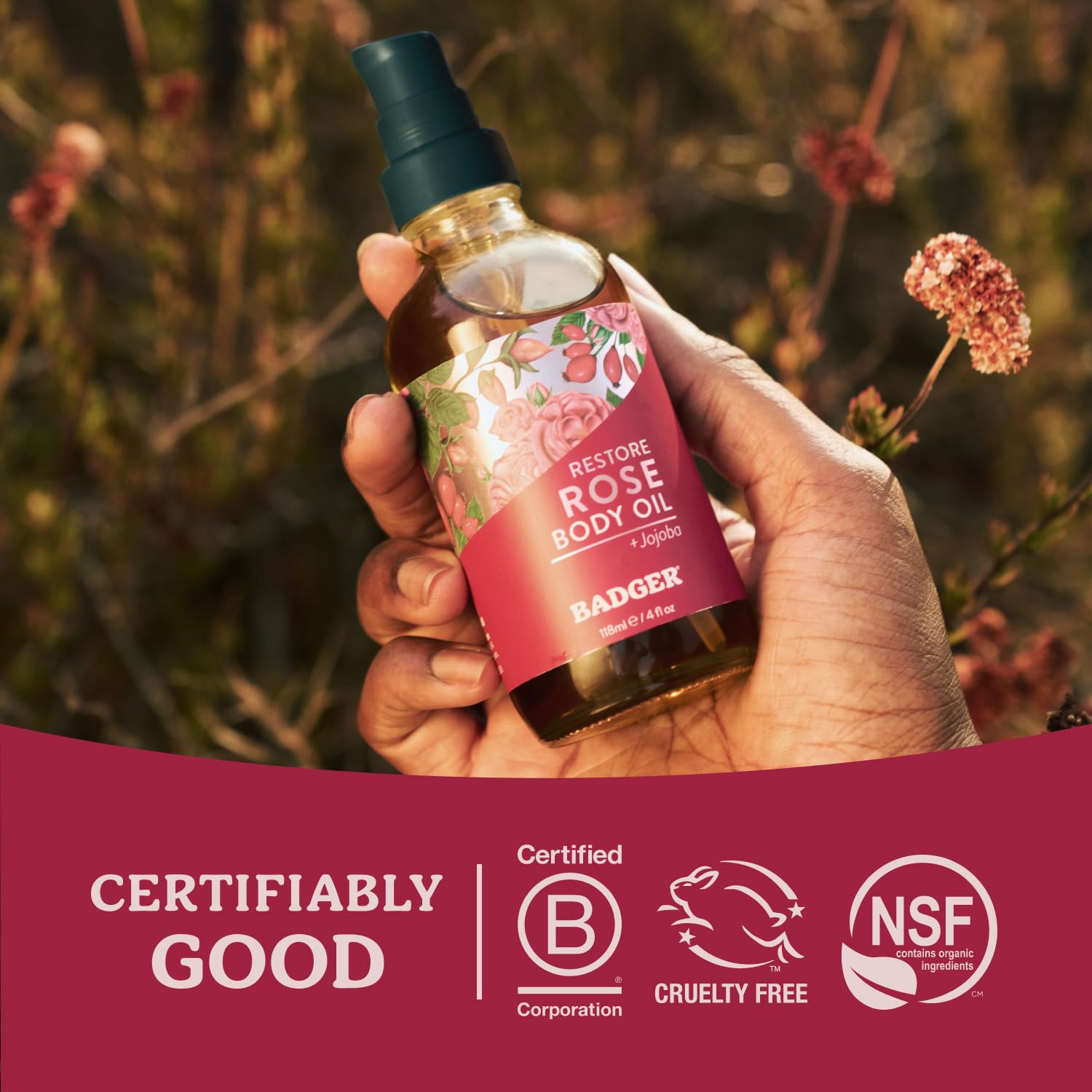 Badger Aceite corporal de rosa, elaborado por empresa familiar de mujeres.