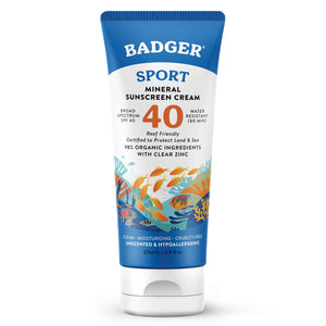 Badger protector solar mineral SPF 40 frente de la botella, uso diario.