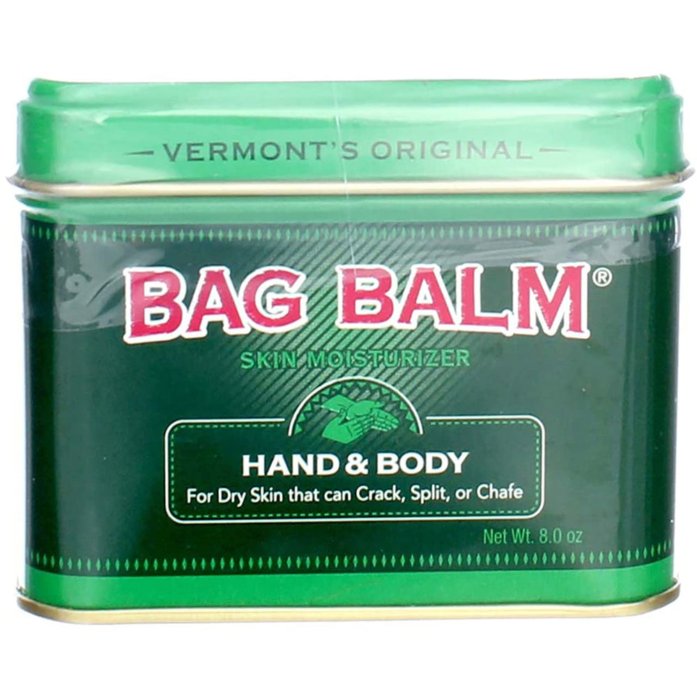 Bag Balm 8oz en lata verde con cabeza de vaca, hidratación para pieles secas.