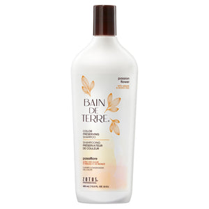 Bain de Terre Champú flor de pasión, botella, realza color y suavidad.