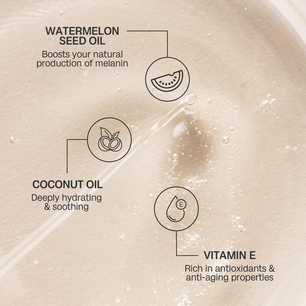 Bali Body Aceite bronceador sandía, textura ligera, absorción rápida para uso diario.