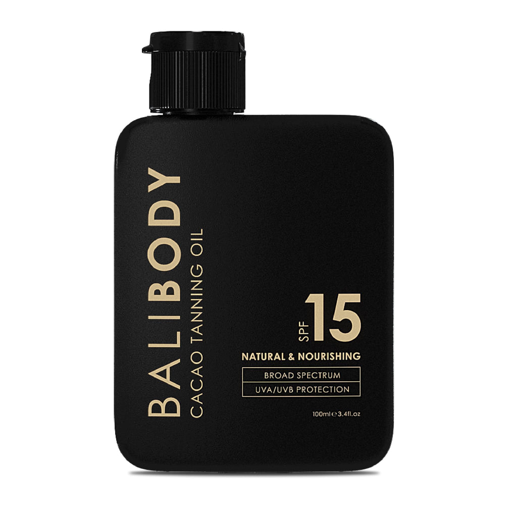 Bali Body Cacao Tanning Oil SPF 15, botella frontal, bronceado suave e hidratación.