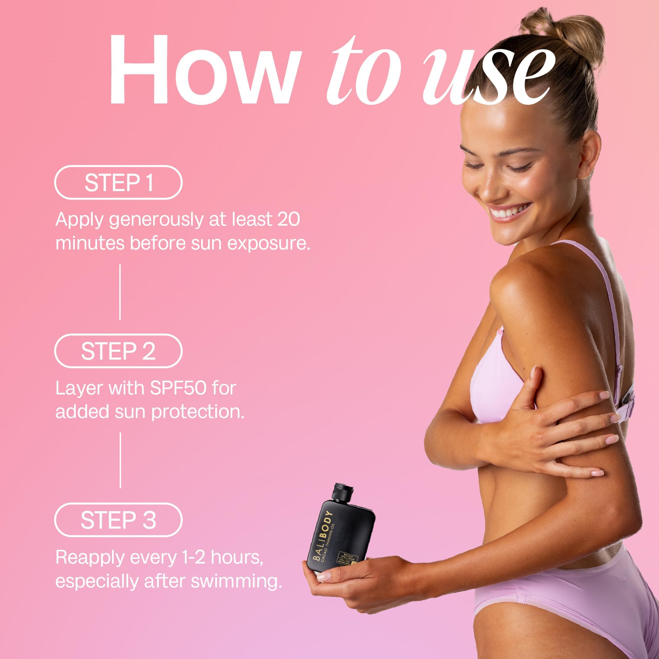 Bali Body Cacao Tanning Oil SPF 15, bronceado natural y brillo dorado tras la aplicación.