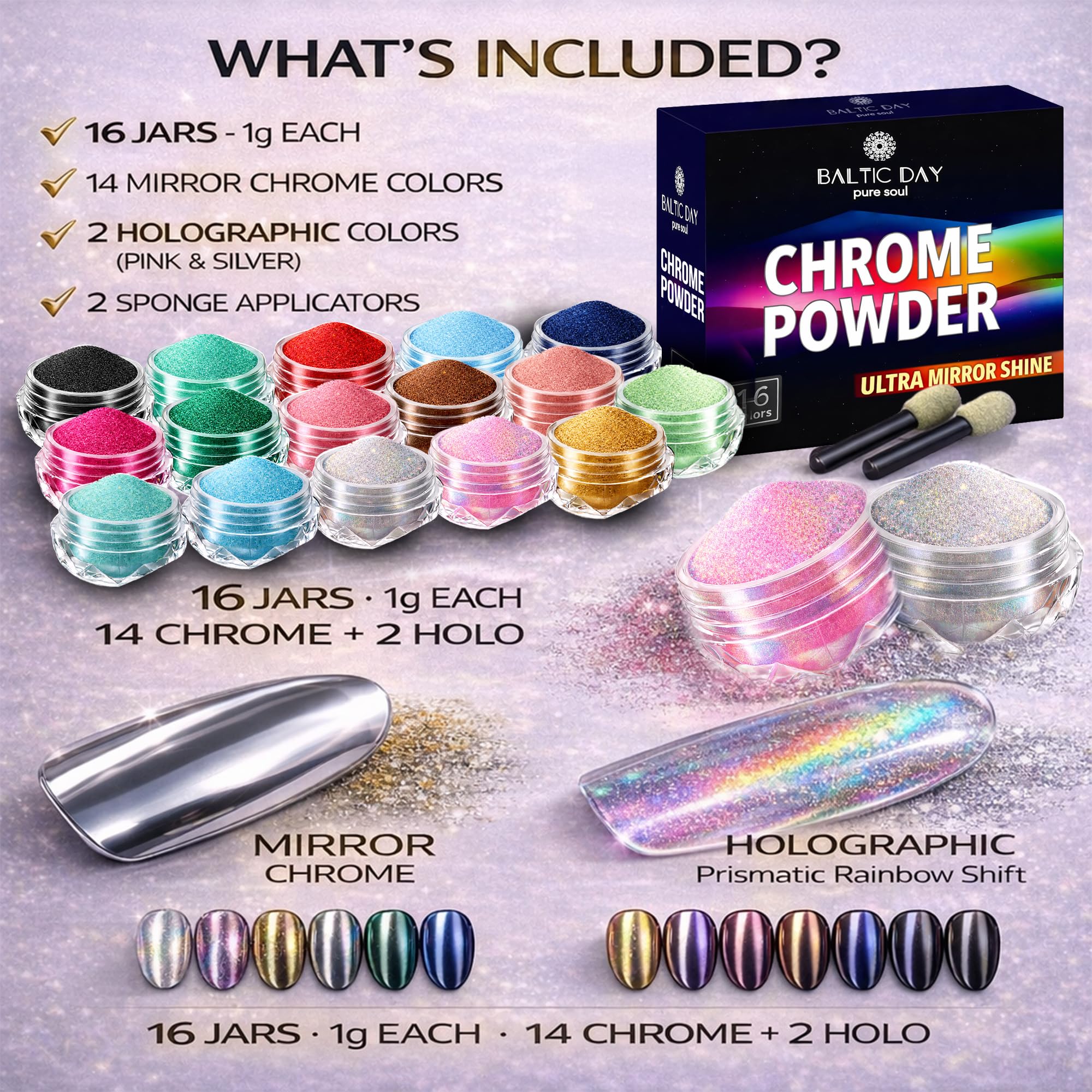 BALTIC DAY pigmentos cromo para uñas, efecto espejo, mezcla fácil con gel o acrílico