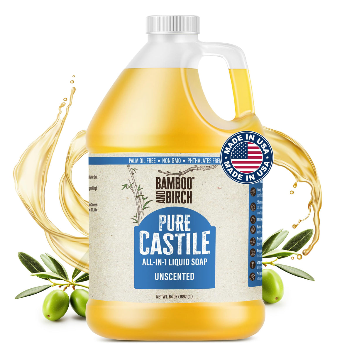 Jabón de Castilla Bambú y Abedul en botella, limpieza suave para cuerpo y manos