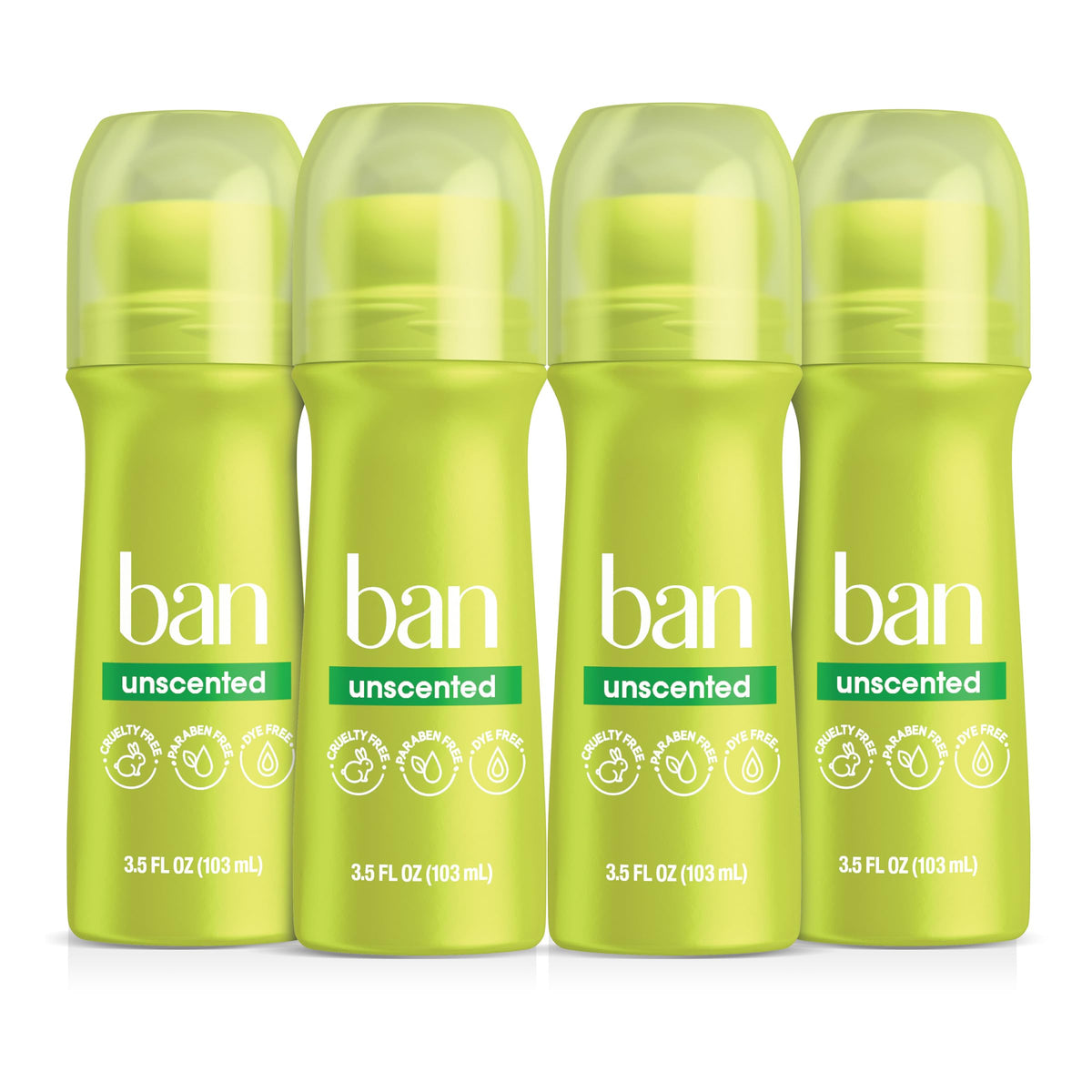 Ban Original Desodorante Roll-On sin fragancia, frente al envase y aplicación limpia