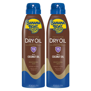Banana Boat aceite seco bronceador SPF 15 en dos unidades, aplicación rápida.