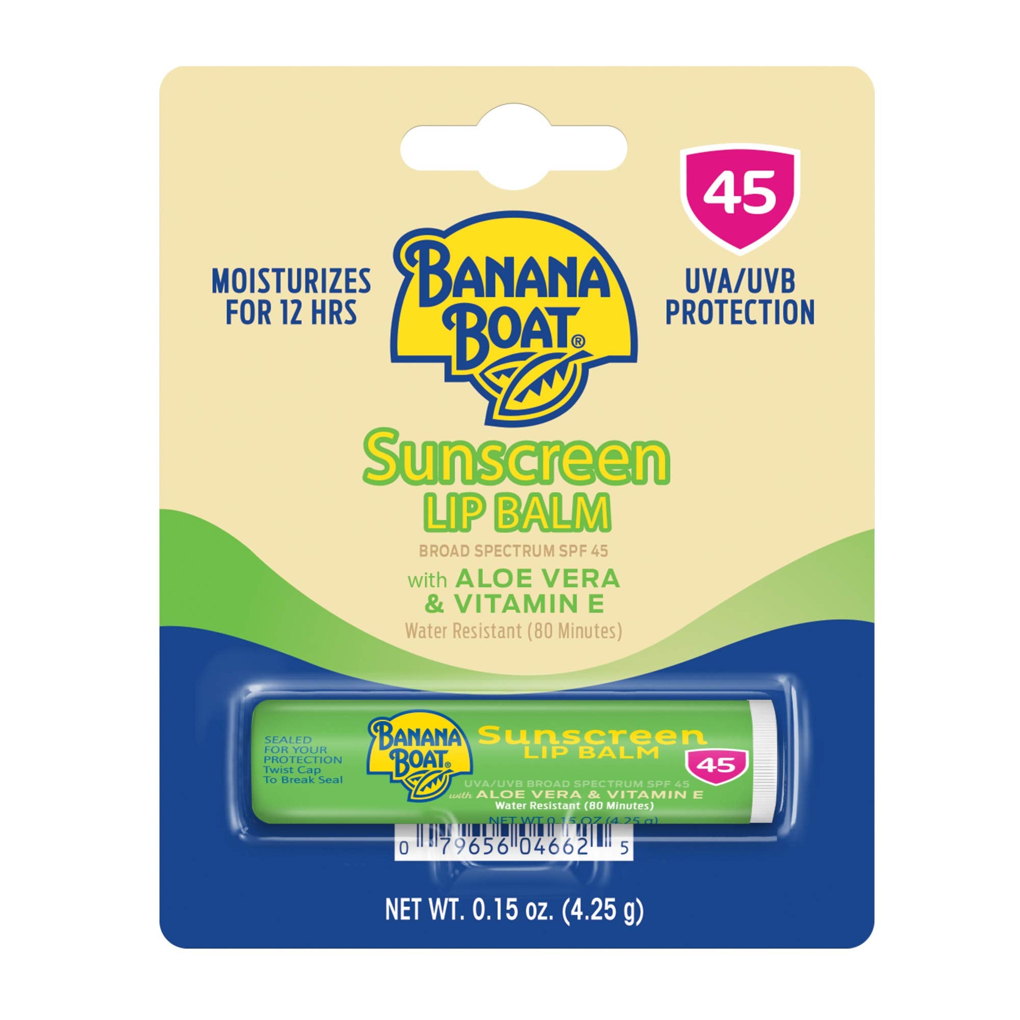 Banana Boat Balsamo Labios Aloe SPF45 para hidratación suave y protección diaria.
