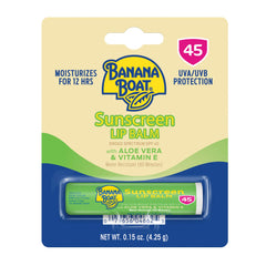 Banana Boat Balsamo Labios Aloe SPF45 para hidratación suave y protección diaria.
