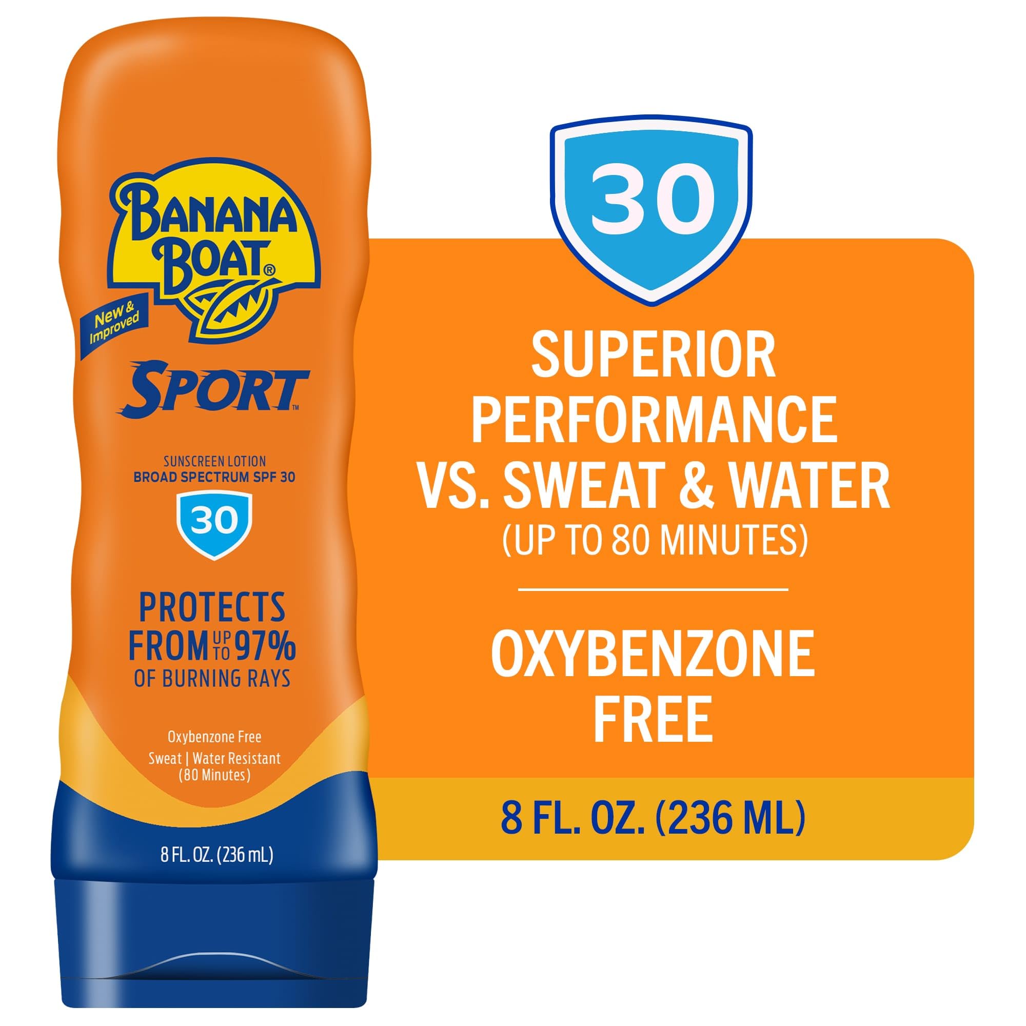 Banana Boat Sport Ultra Loción Solar SPF 30, aplicación en mano para uso rápido.