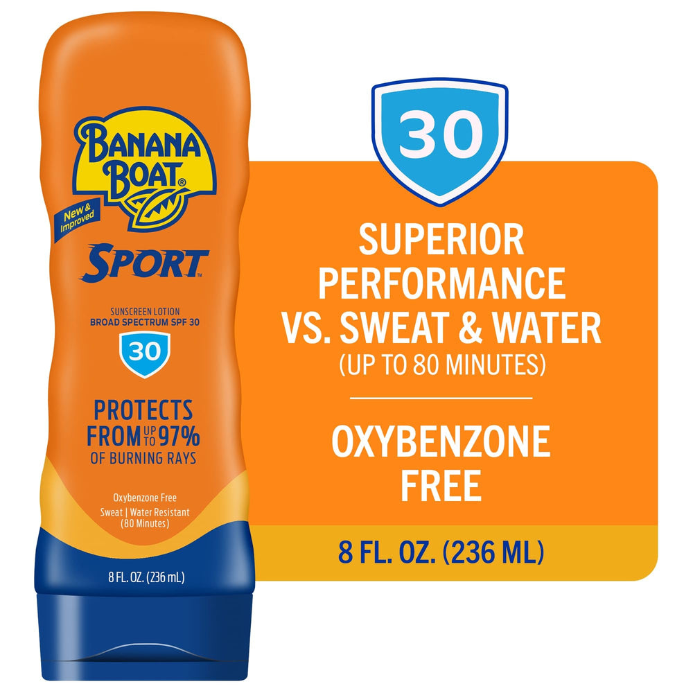 Banana Boat Sport Ultra Loción Solar SPF 30, aplicación en mano para uso rápido.