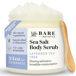 Bare Botanics exfoliante corporal con sal marina y lavanda en frasco 24oz para exfoliar