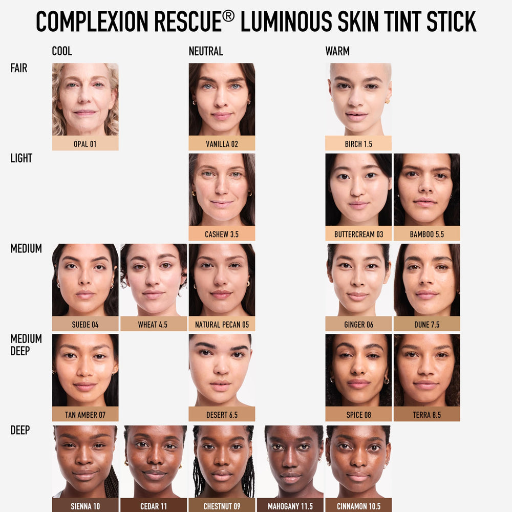 bareMinerals Complexion Rescue Stick AI Bamboo 5.5; ingredientes minerales y vitamina E para cuidado diario.